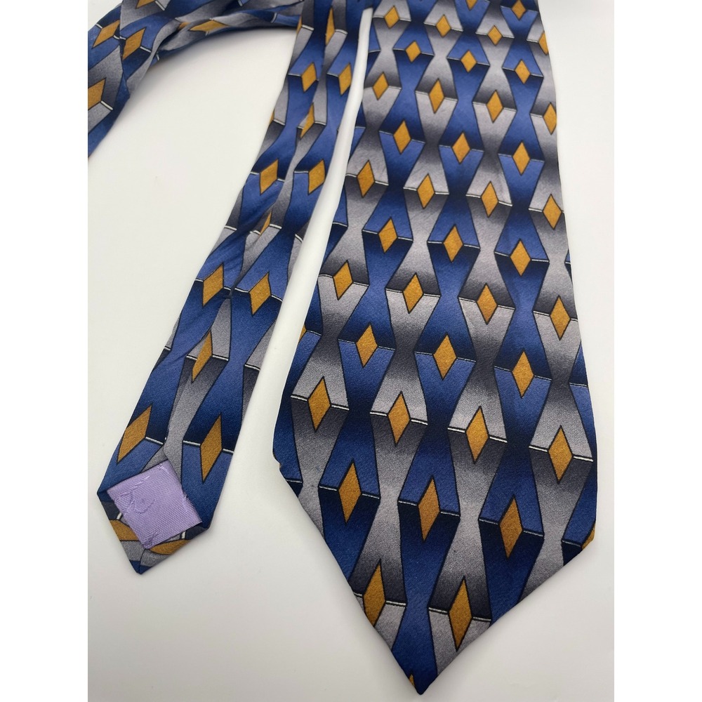 Jimmy Z Brett Favre Collection One Silk Tie Blue Grey Gold 3D Geometric Diamond